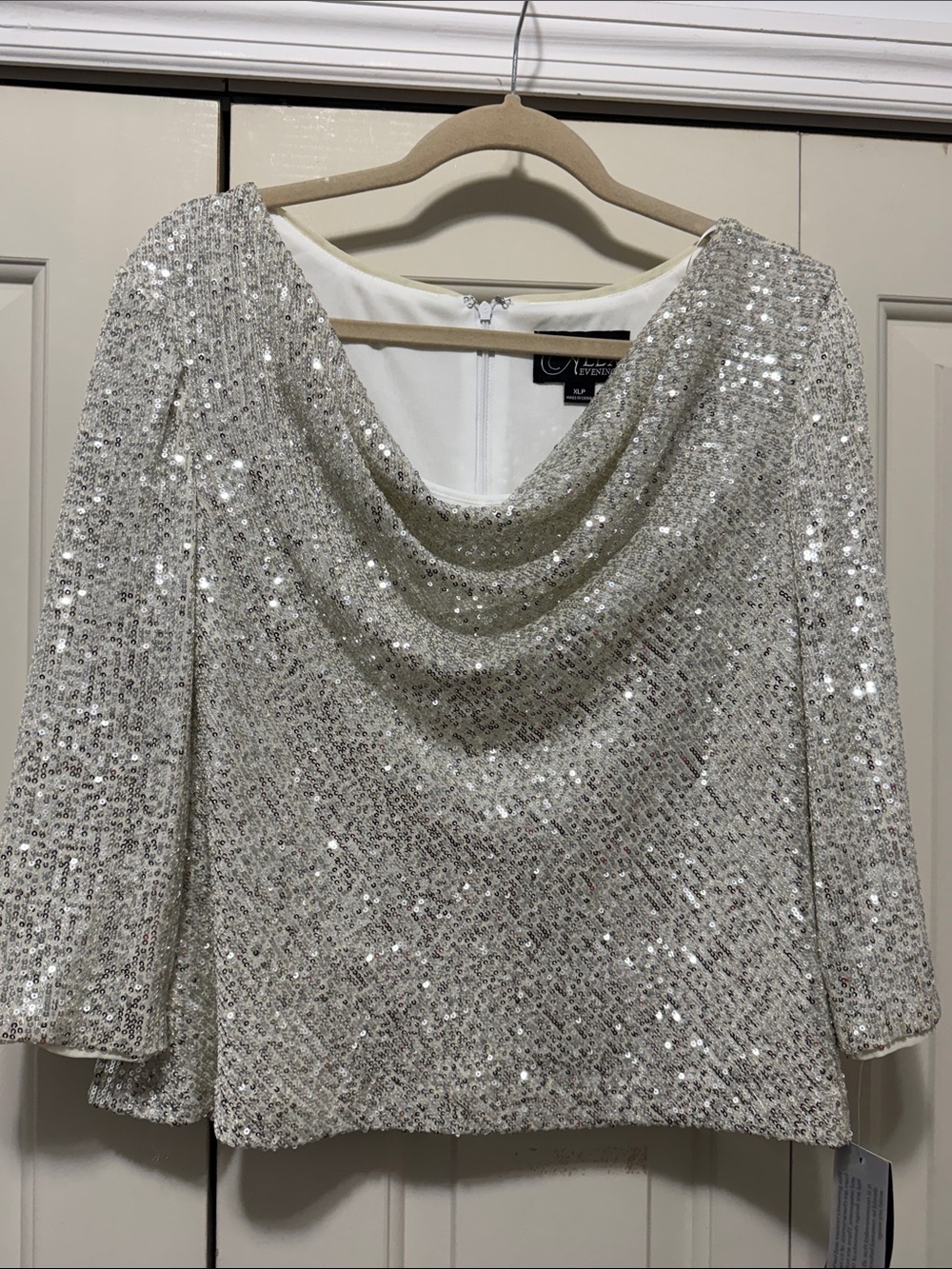 Alex Evenings Silver Sequin Cowl Neck Evening Top